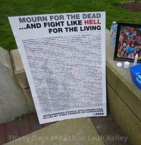 ASAN's Day of Mourning Poster which lists names of Disabled people killed by their parents or caregivers.