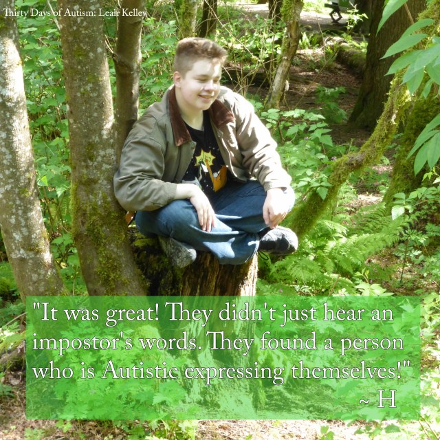 Image of smiling relaxed looking H sitting cross-legged on a stump in the woods. Text reads: 